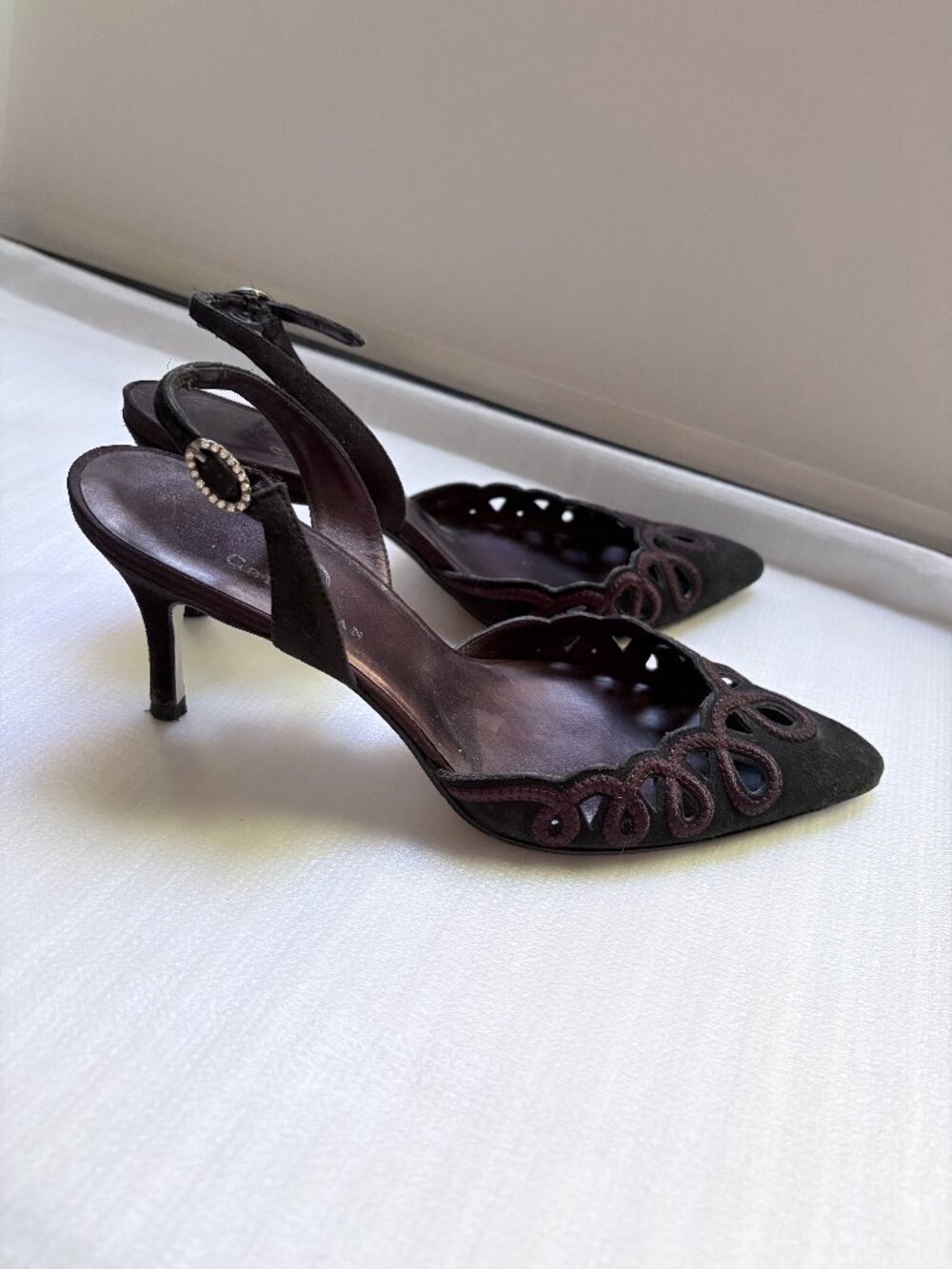 Cole Haan Black Suede Pointed Toe Slingback Heels with Decorative Cutouts